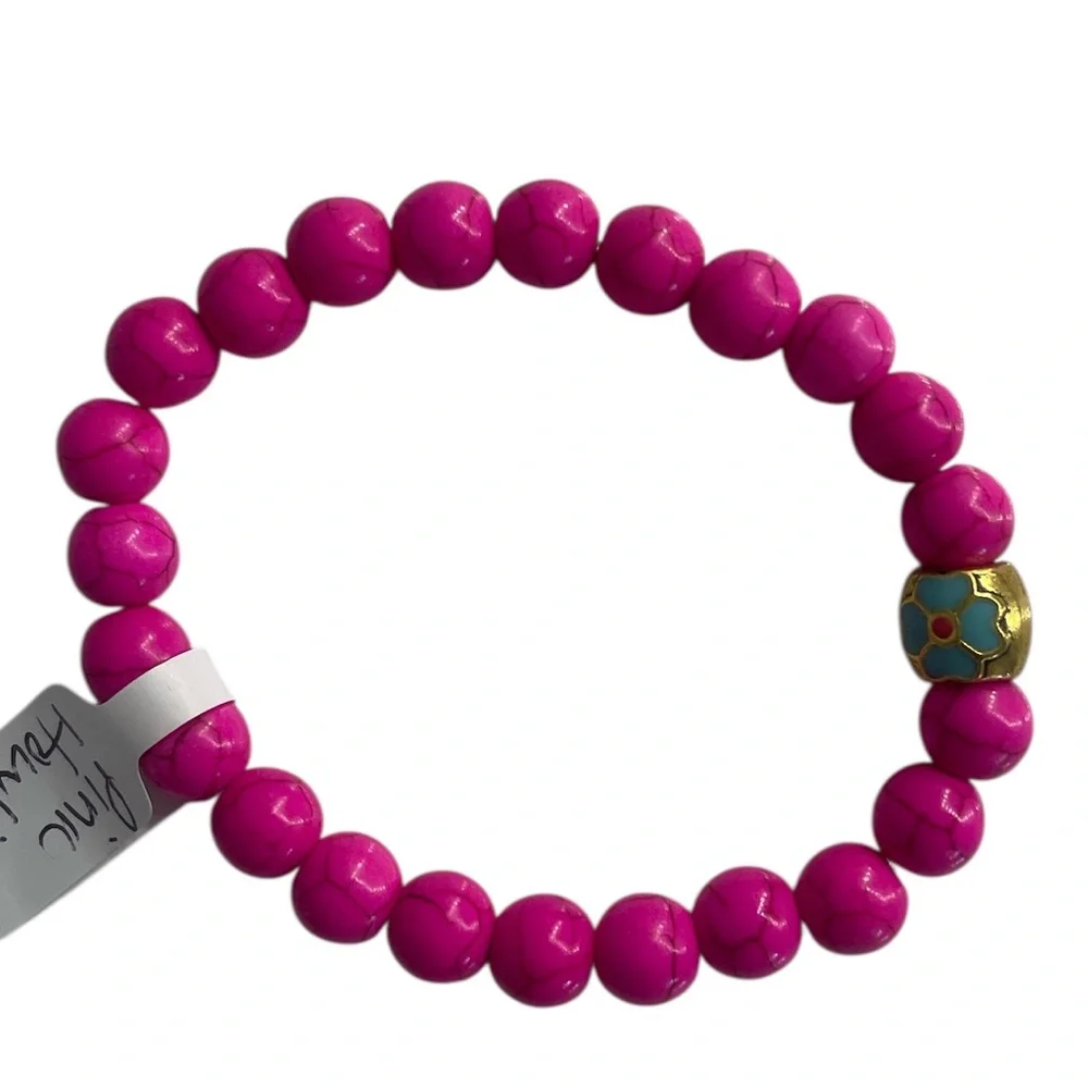 Pink Howlite gemstone bracelet, gold flower center,stretch - Picture 7 of 7